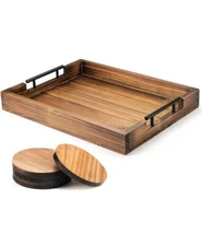 Tray with Handle for Living Room – Set of 4 Natural Wooden Coasters – Rustic...