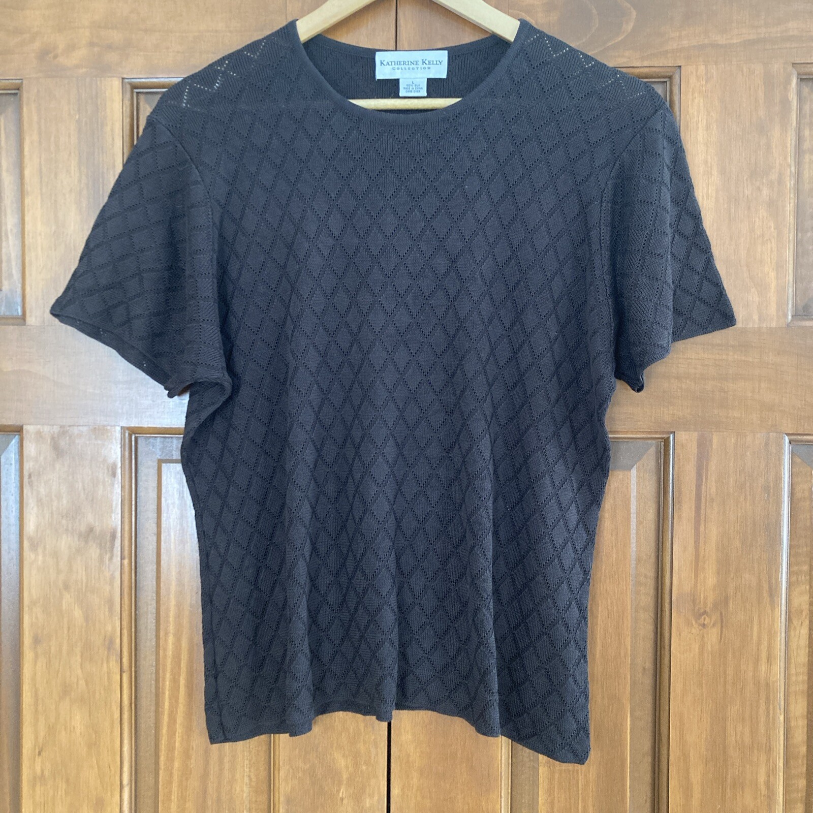 Katherine Kelly Womens Top Large Brown Short Sleeve Silk Pullover Casual Blouse