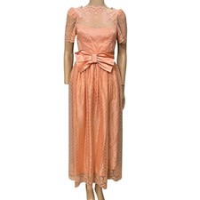 80s VTG Lace Coquette Maxi Dress XXS Bow Belt Cottagecore Party Princess Peach