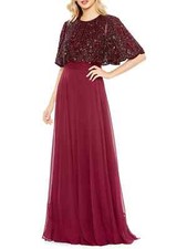 Mac Duggal Aubergine Burbundy Embellished Flutter-Sleeve A-Line Gown Sz 14 $598