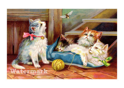 Cats Intrigued with Bumble Bee Cotton Crazy Quilt Block Multi Sizes