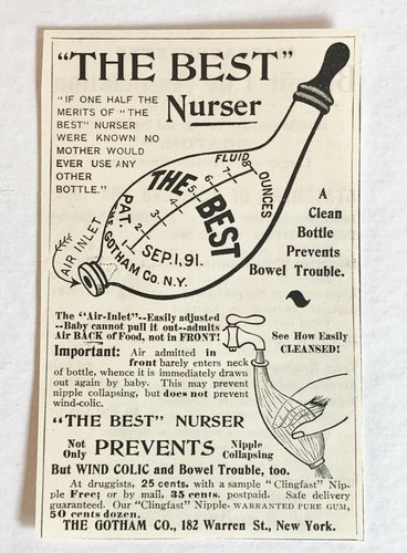 Antique 1895 Gotham Co.NY THE BEST Nurser Clingfast Nipple Original Vtg Print Ad