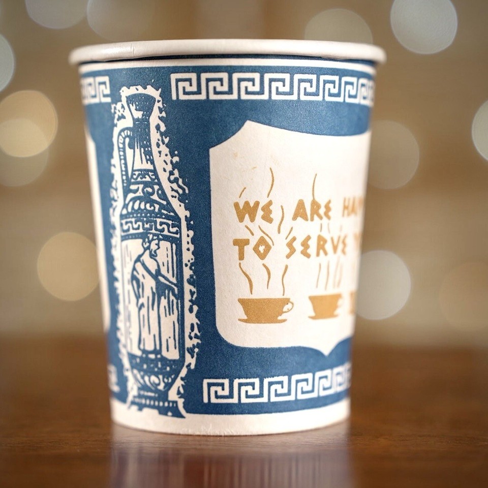 We Are Happy To Serve You Greek Paper Coffee Cup From 1980s New York ...