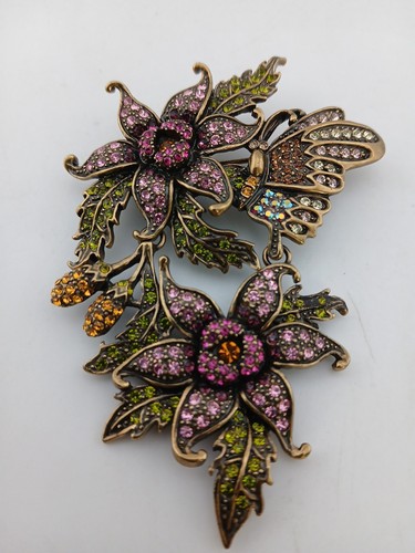 LA VINTAGE bronze tone multicolor pave crystals butterfly flowers pendant/brooch - Picture 1 of 10