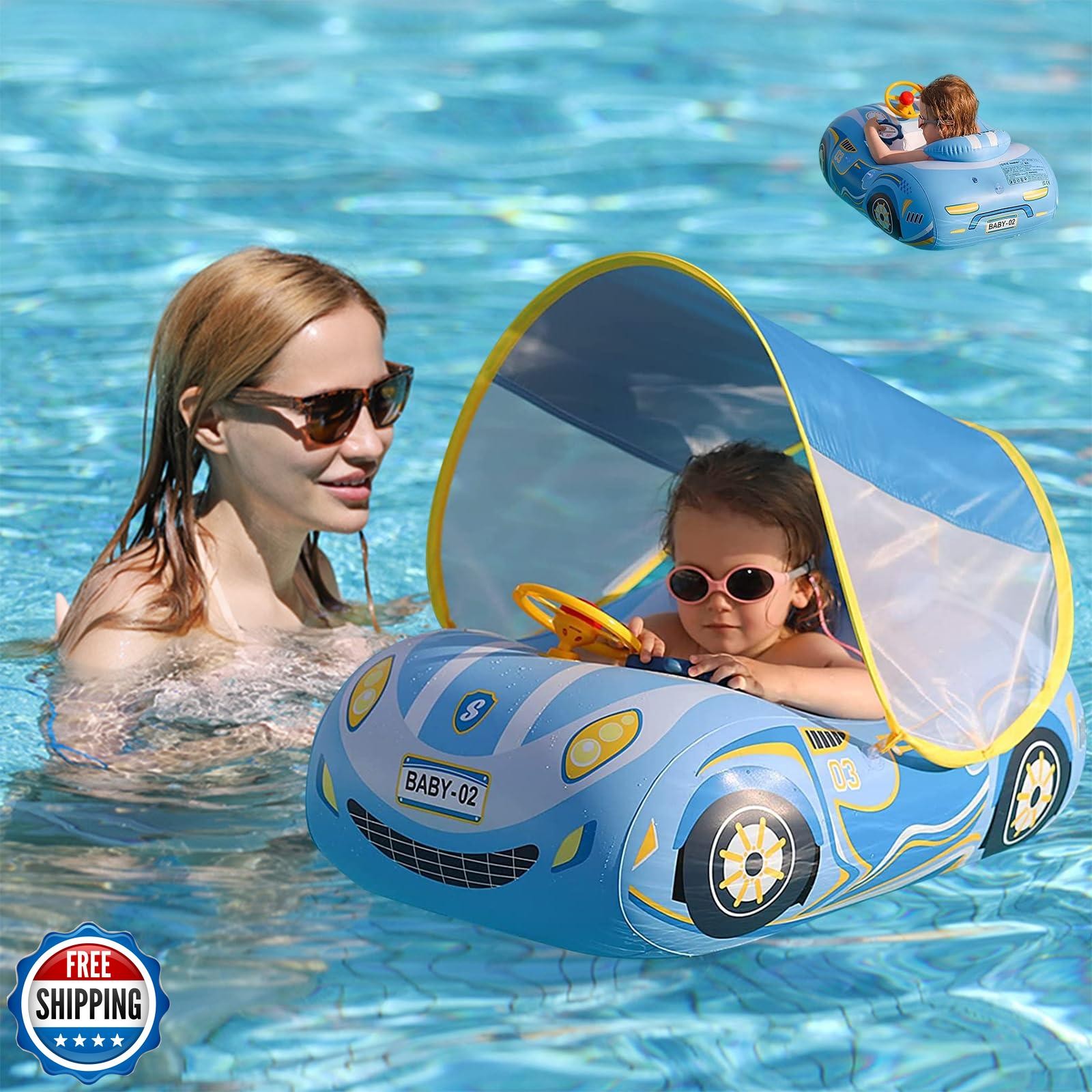 Baby Pool Float With Canopy - 3D Car Thick PVC Inflatable Swim Float Seat Boa