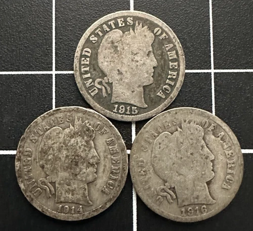 1914-P 1915-P 1916-P Lot of 3 Barber Dime 10C 90% Silver Avg Circulation AG