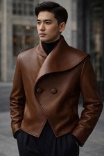 Abrigo de invierno de diseñador de doble botonadura para hombre de cuero real hecho a mano chaqueta de chaquetón