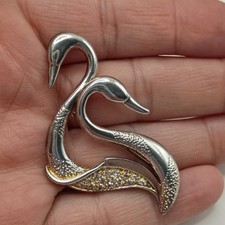 Vintage Double Swan Brooch Pave Rhinestone Signed Silver Tone Valentine's Gift