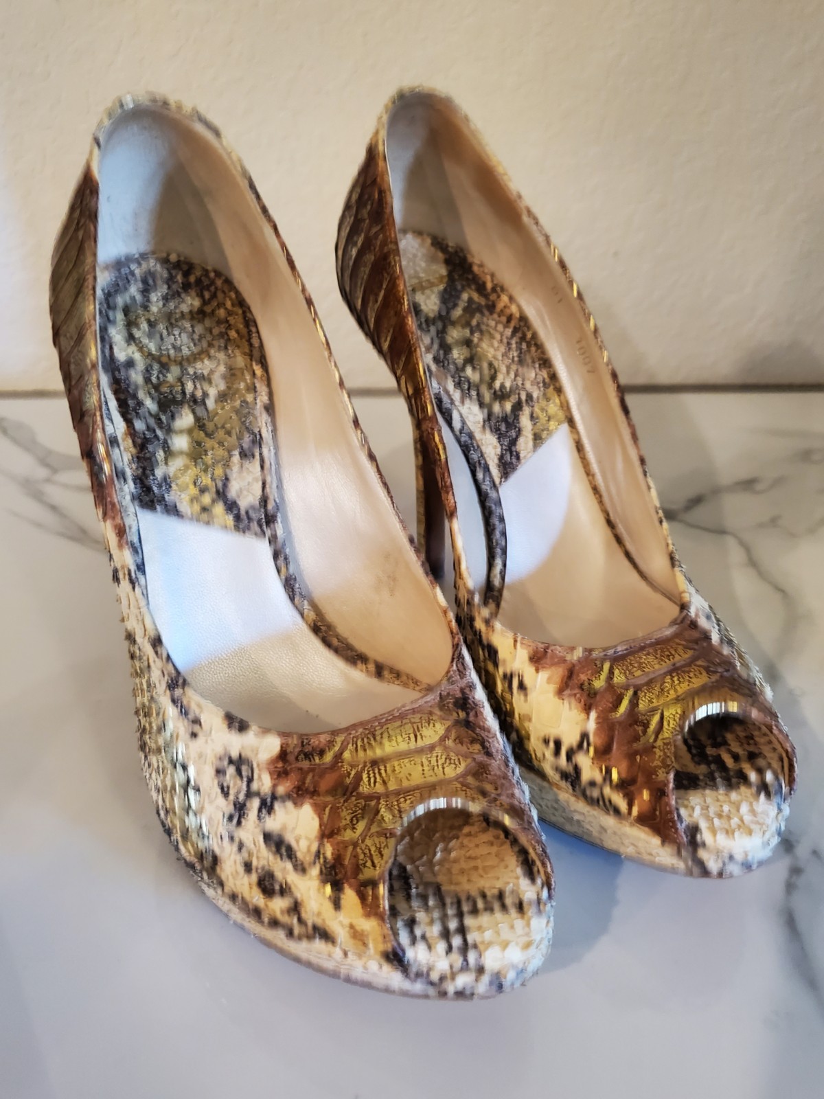 Dior Gold Beige Python Snakeskin Platform Peep To… - image 12