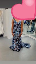 Blue Sequin Floral Lace Mermaid Sleeveless V-Neck Backless Formal Long Dress