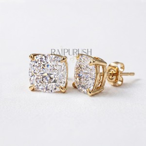 Authentic VVS Cushion Cut Moissanite Solitaire Stud Earrings 14K Gold Plated 925 Silver