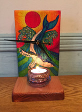 Handmade Wooden Clock Whale Pyrography Upcycled Boho Desk & Wall Shelf Decor