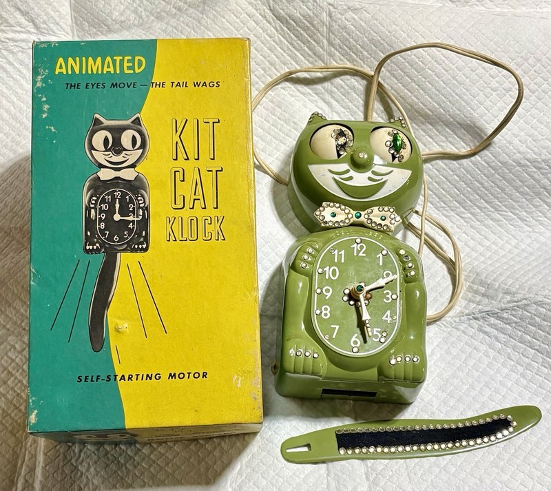 Vintage 1960's - KIT CAT KLOCK AVOCADO GREEN JEWELED Clock & Box NEEDS RESTORED