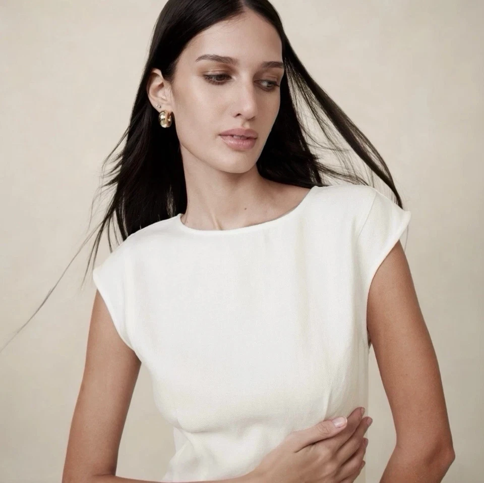 Vestido midi Banana Republic Lina de lino blanco talla 6 PETITE NUEVO SIN ETIQUETAS RT$160 Foto 3 de 4