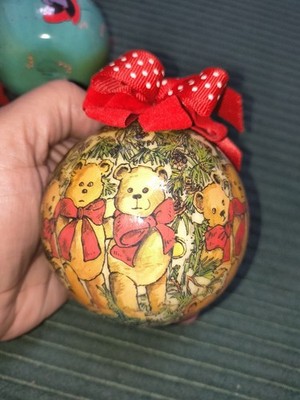 Teddy Bear Christmas Tree Ornament Round Glazed Paper Mache Orb Ball
