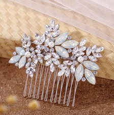 Crystal Wedding Hair Comb Leaf Bride Hair Accessories Silver Rhinestone Opal