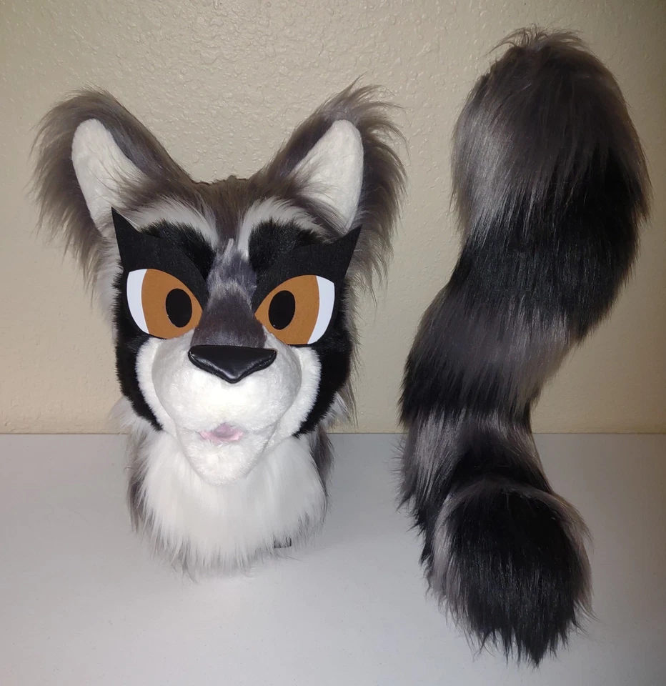 Disfraz de animal parcial de mapache gris cabeza y cola de mascota! Foto 2 de 4