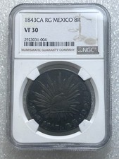 1843 Ca RG Mexico Cap & Rays 8 Reales NGC VF 30 Black Toning Scarce Date