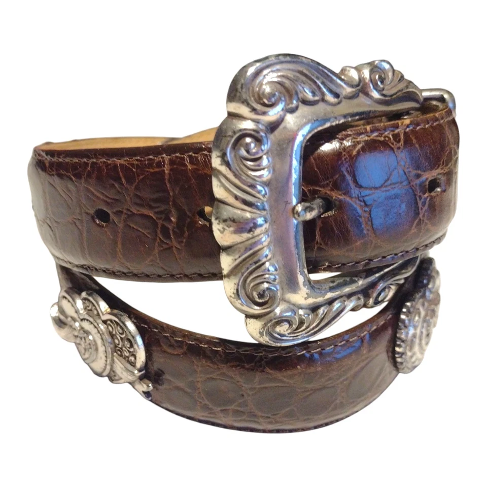 Cinturón Brighton Marrón Cocodrilo Cuero Repujado Plata Corazón Conchos Pequeño EE. UU. De Colección Foto 2 de 4