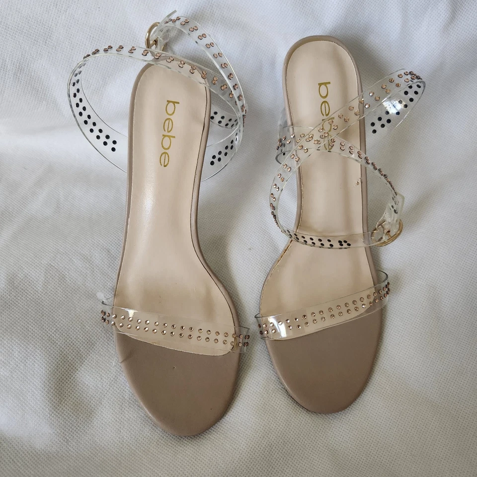 Sandalias de tacón Bebe Lizah escultóricas en desnudo transparente talla 7,5 Foto 3 de 4