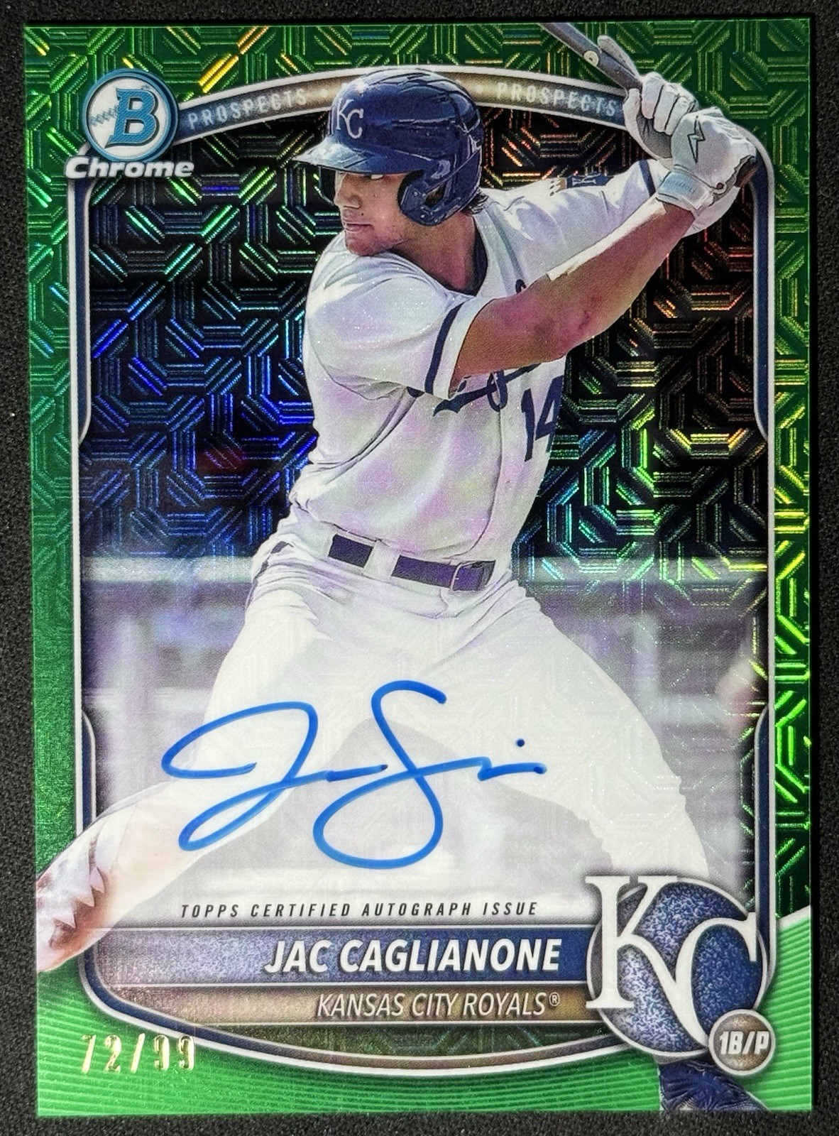 2025 Bowman Chrome Green MoJo Auto /99 Jac Caglianone K.C. Royals # BMA-JC