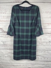 Talbots Dress Womens 10 Blue Green Plaid Bell Sleeve Sheath Knee Work Office