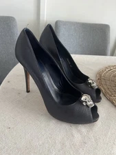 Alexander McQueen Deep Blue Peep-Toe Heels with Silver Skull Embellishment SZ 40