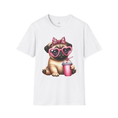 Pug with Heart Sunglasses T-Shirt | Cute Puppy Drink Graphic