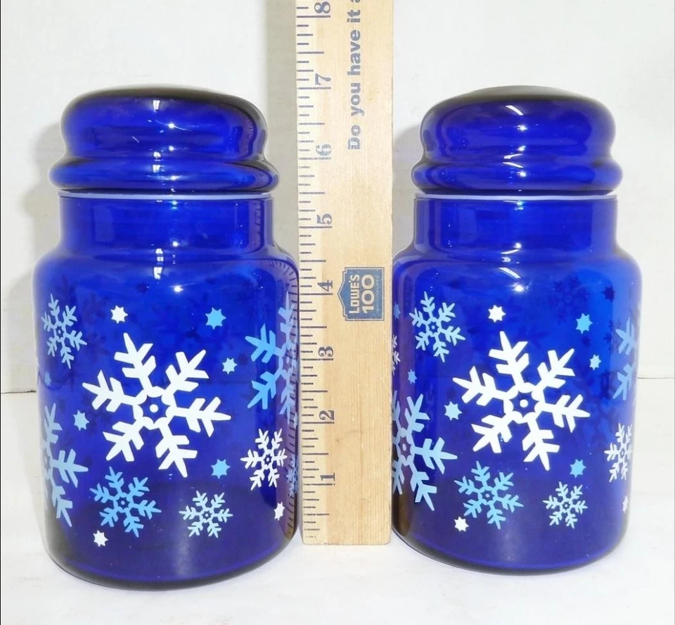 Juego 2 frascos de vidrio azul cobalto copo de nieve decoración de vacaciones de invierno cocina Foto 3 de 3