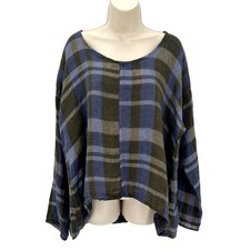 NWOT Flax Oversized Blue & Gray Plaid 100% Linen Scoop Neck Slouchy Top M