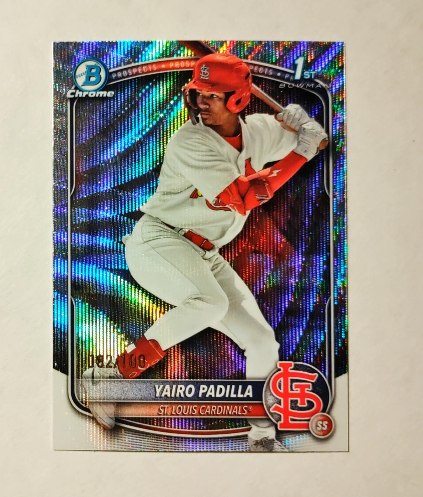 Yairo Padilla 2025 1st Bowman Chrome WAVE REFRACTOR 082/100 Cardinals Raw RC P6