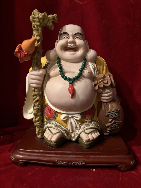 Vintage Chinese HAPPY LAUGHING BUDDHA on A Wooden Base Yellow Robe 13” tall