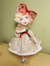 Vintage Christmas Lady Doll Handmade OOAK Holiday Decor 13” Drinking Frm Her Cup