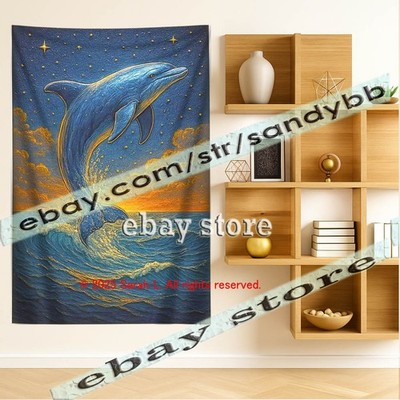 Evening sea wall tapestry dolphin art ocean twilight decor 39X59 in