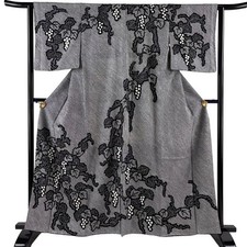 Japanese Silk Houmongi Kimono S 162cm Charcoal gray Grape Masterpiece 5023868