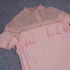 Express Lace Yoke Shift Dress Womens Medium Pink Ruffle Mock Neck Flutter Sleeve