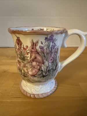 Vintage Cracker Barrel Easter Traditions Footed Mug Bunnies Flowers Birds 