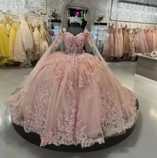 Pink Princess Quinceanera Dresses with Cape 3D Flower Applique Lace-up Corset