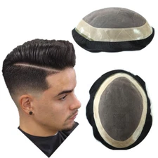 Mens Human Hair Replacement Fine Mono System Poly Coating Toupee Hairpieces #1B