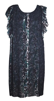 MAX STUDIO M Pleated Dress Blue Green Avant Garde Flutter Sleeve Abstract  Print