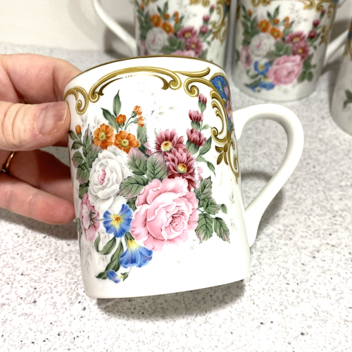 Juego de 4 tazas vintage Andrea by Sadek victorianas florales rosa y blanco de cerámica - Imagen 6 de 10