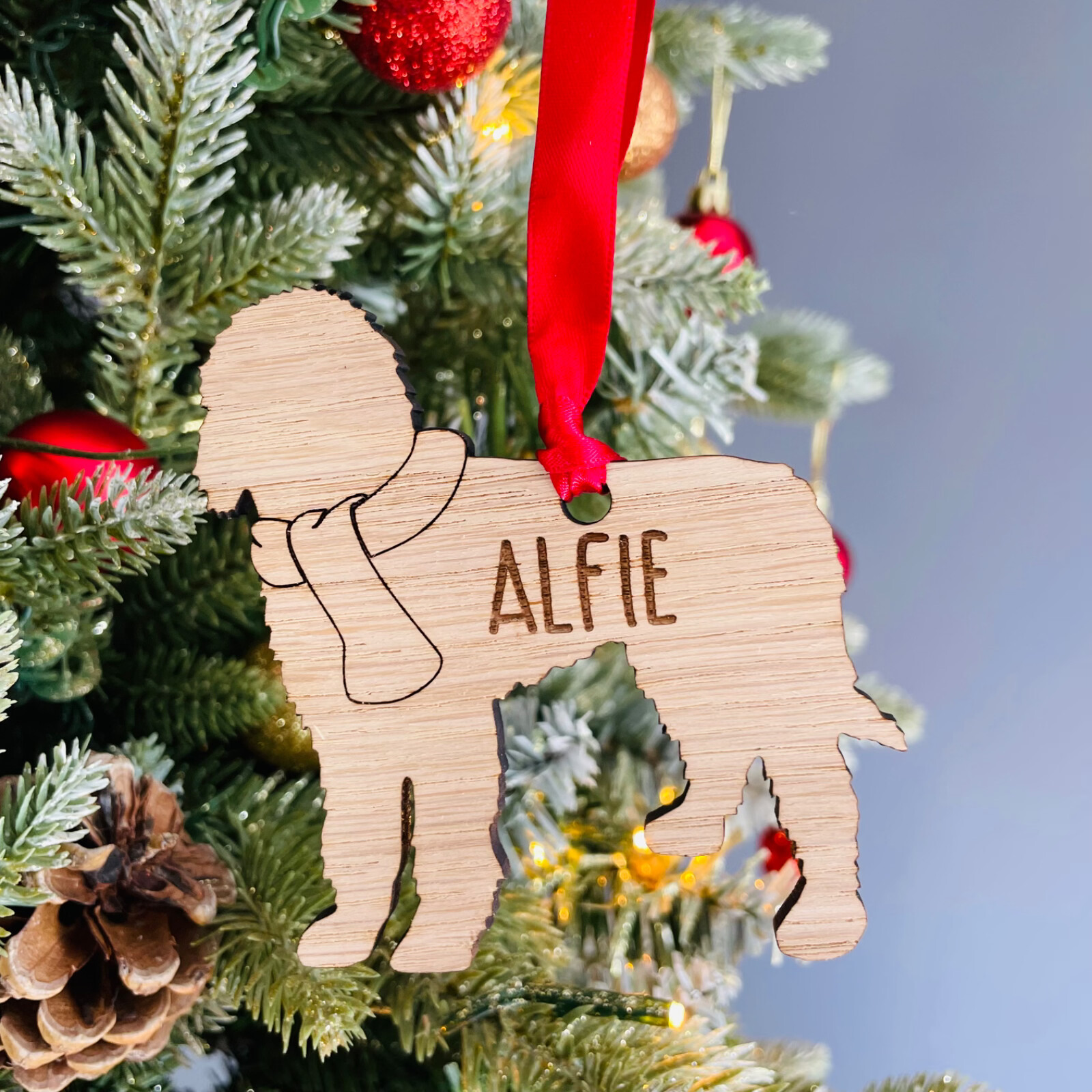 Personalised Dog Wooden Oak Decoration - Christmas Tree gift - Barbet