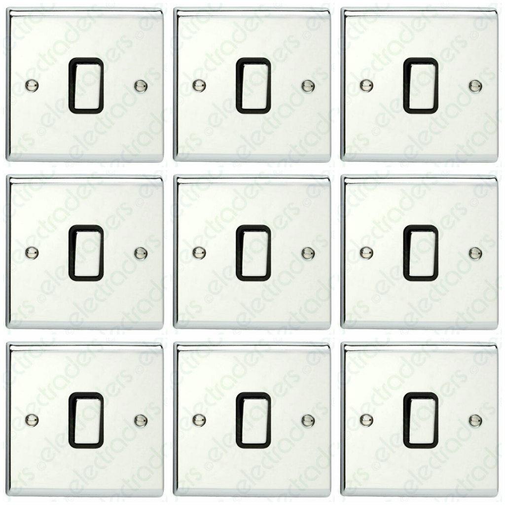 9 x Deta SD1203CHB Light Switches 1G 2 Way 10 Amp Polished Chrome Black Insert