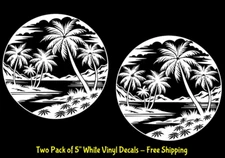 Tropical Palm Trees Water Scene Two PK 5" White Vinyl Decal Car Truck RV Window
