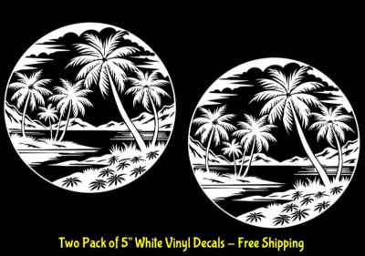Tropical Palm Trees Water Scene Two PK 5'' White Vinyl Decal Car Truck RV Window