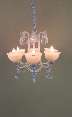 HANDLEY HOUSE Dollhouse Chandelier White Metal Crystals 6 Arm Electric 1:12 Scale 12 Volt