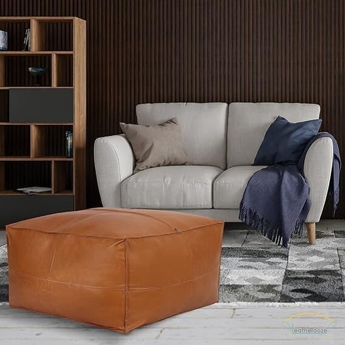 Leather Brown Hassock 30'' Moroccan Ottoman Footstool Pouffe Genuine Unstuffed - Picture 6 of 8