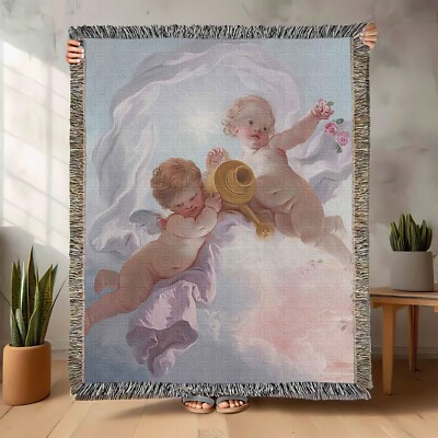 Boucher Cherub Cotton Woven Blanket Rococo Made USA Angel Baroque Cupid Putti