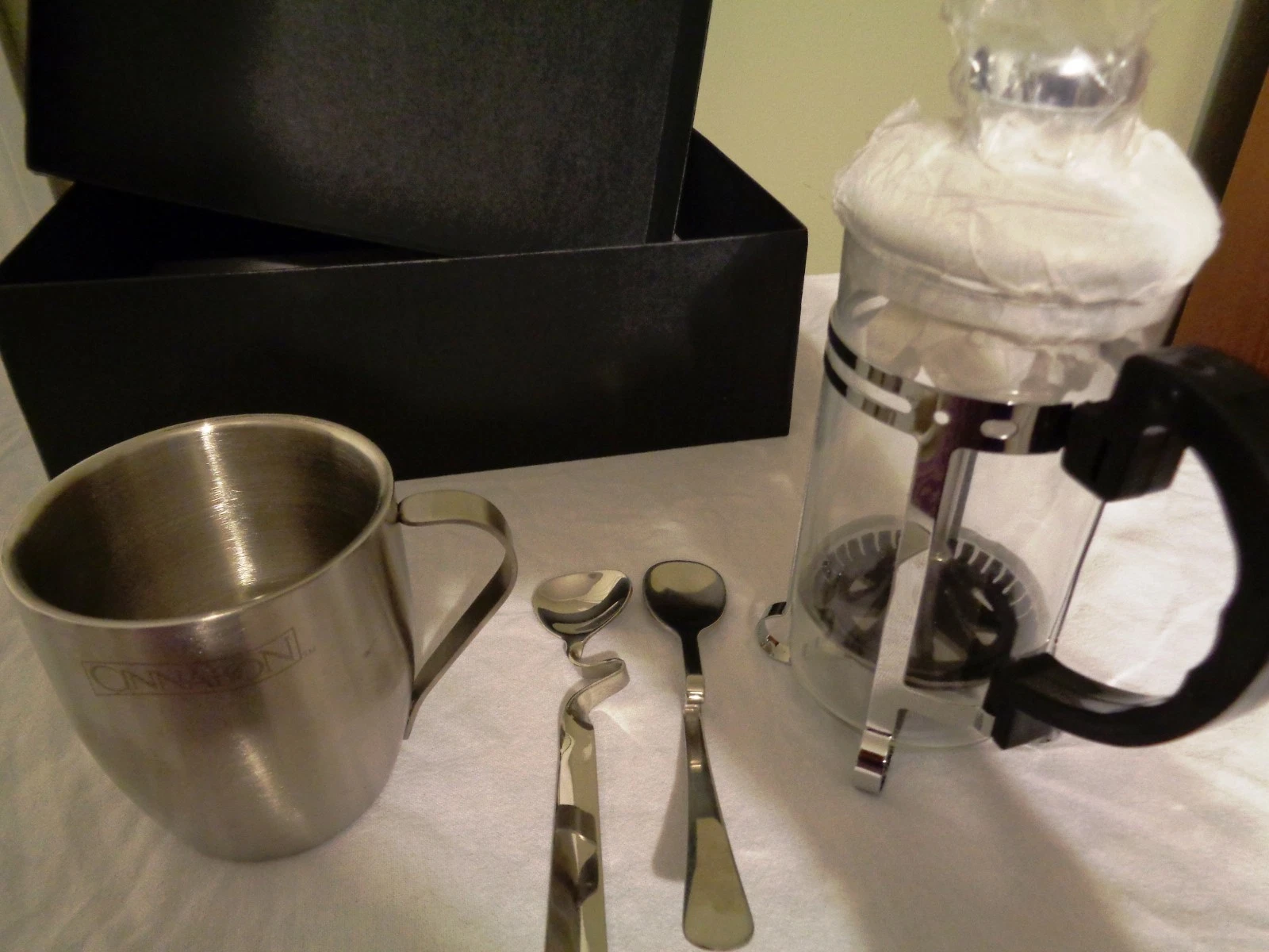 Leed's French Coffee Tea Press Stainless Double Insulated Mug & 2 Spoon Gift Set