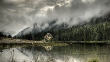 Landscape nature mist mountains lake forest trees house Custom Gaming Mat Desk